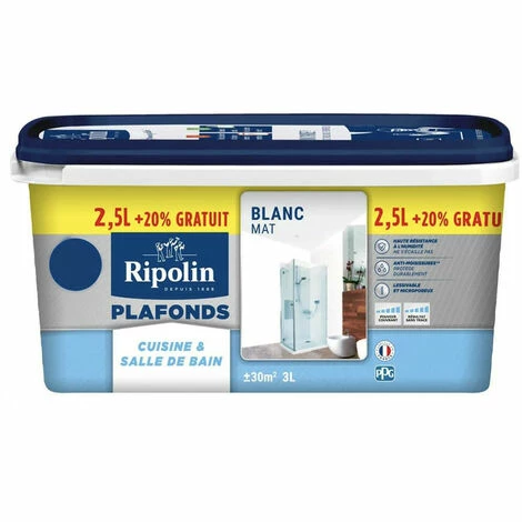 Peinture Acrylique RIPOLIN Plafonds Cuisine & Salle De Bain Blanc Mat 3 L - Blanc