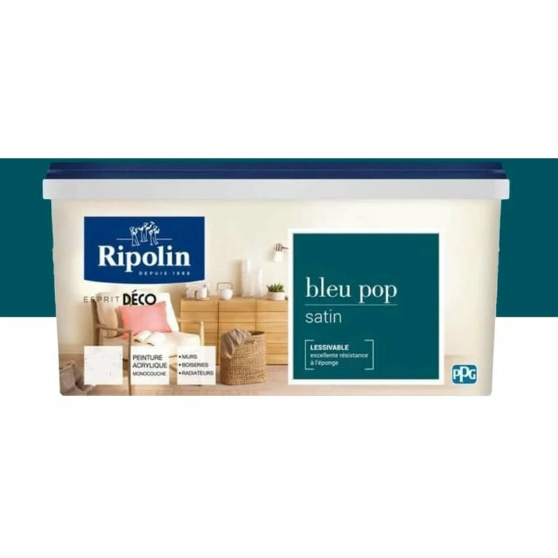 Peinture Acrylique RIPOLIN Esprit Déco Satin Bleu Pop 3 L - Bleu Pop