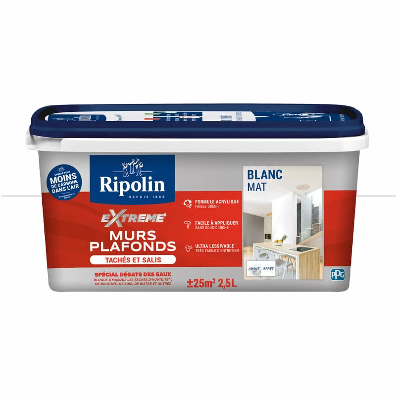 Peinture Blanc Mat - Murs Et Plafonds Tachés Et Salis - 2,5L - Ripolin - Blanc