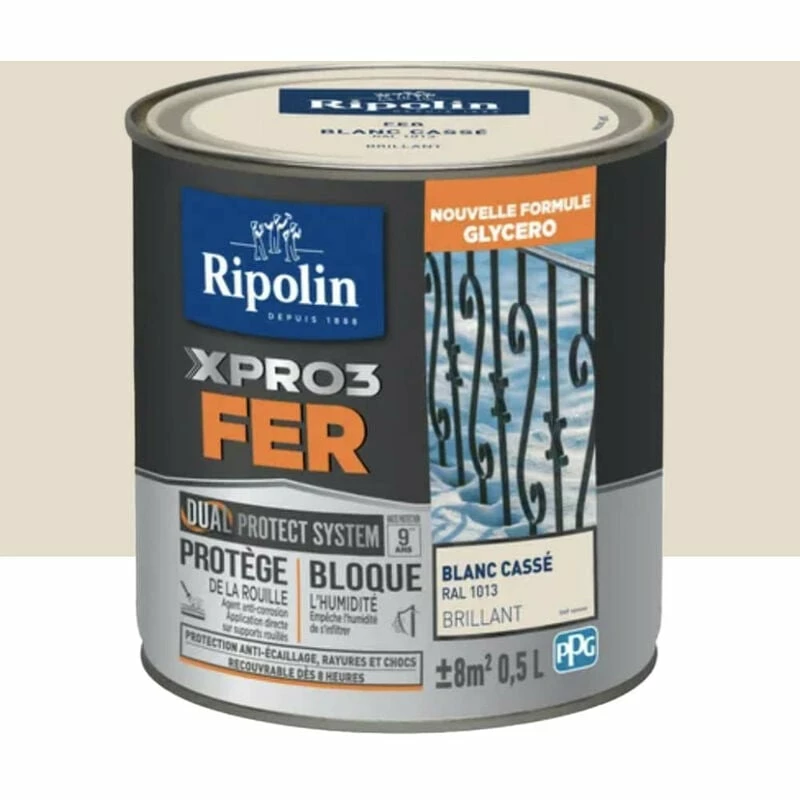Peinture Fer Glycéro Ripolin XPRO3 Fer Brillant Blanc Cassé 0,5 L - Blanc Cassé
