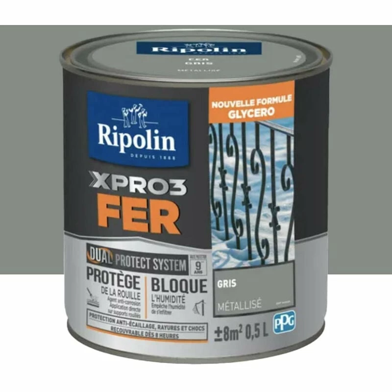 Peinture Fer Glycéro Ripolin XPRO3 Fer Gris Metallisé 0,5 L - Gris