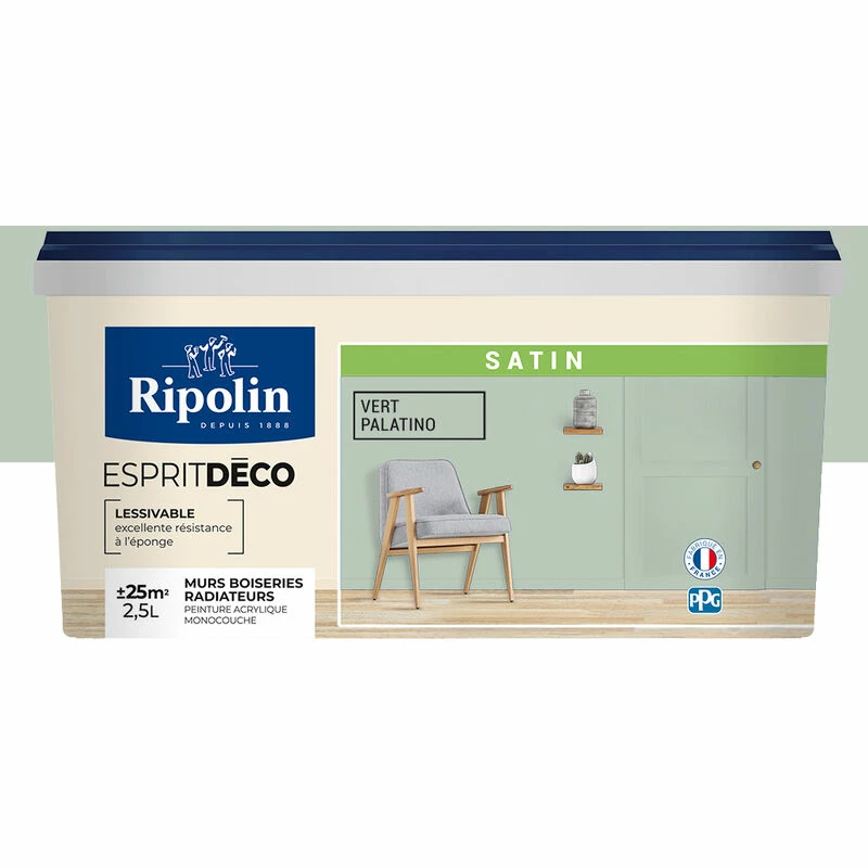 Peinture Murale Toutes Pièces - Satin - 2,5L - Vert Palatino - Ripolin - Vert Palatino