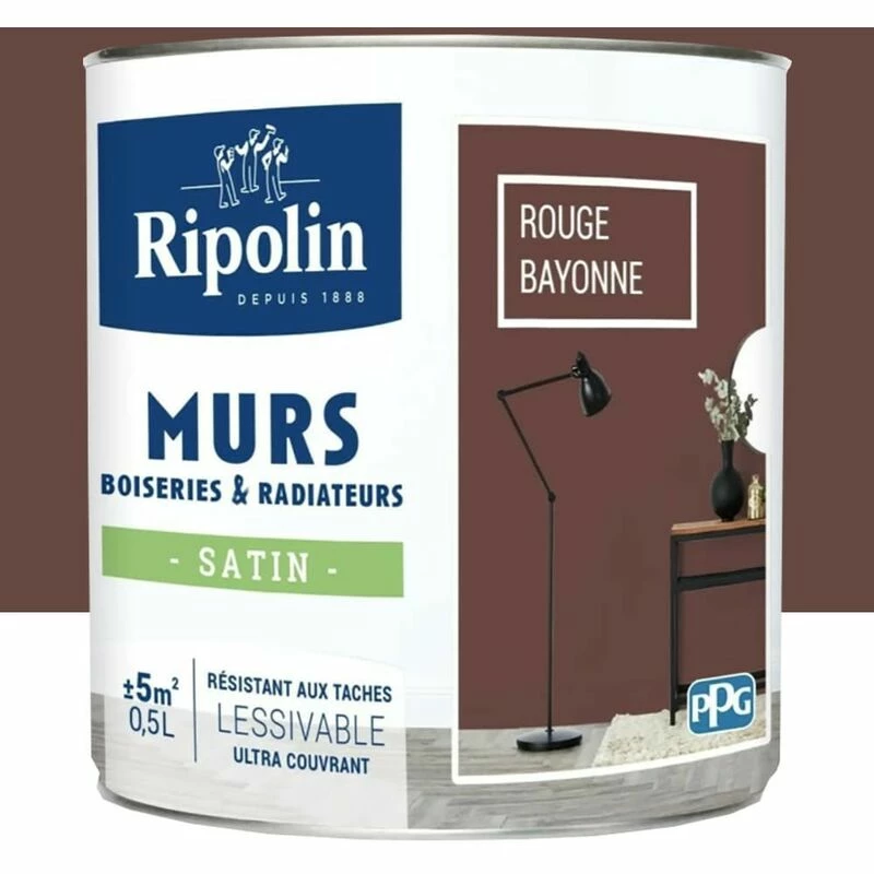 Peinture Murs, Boiseries, Radiateurs RIPOLIN Rouge Bayonne Satin 0,5 L - Rouge Bayonne