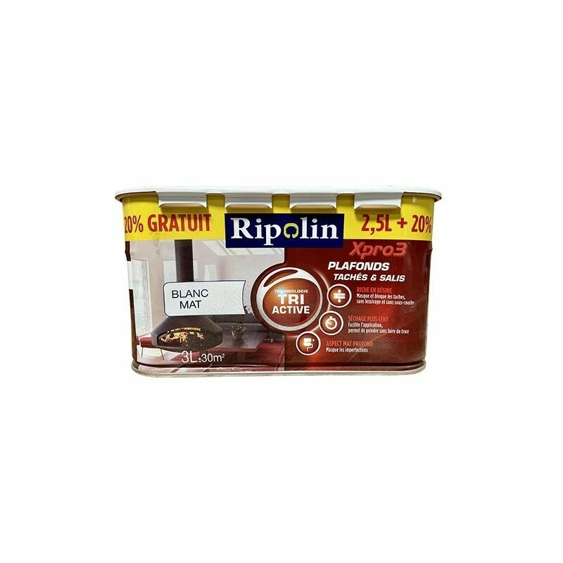 Peinture XPro3 Tri Active RIPOLIN Plafonds Tachés & Salis Blanc Mat 3 L - Blanc
